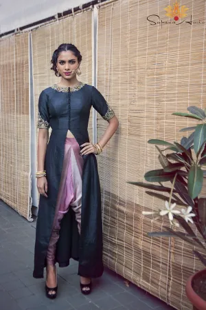 Black Jacket Dhoti Pants Set  Modern Indian Fashion.