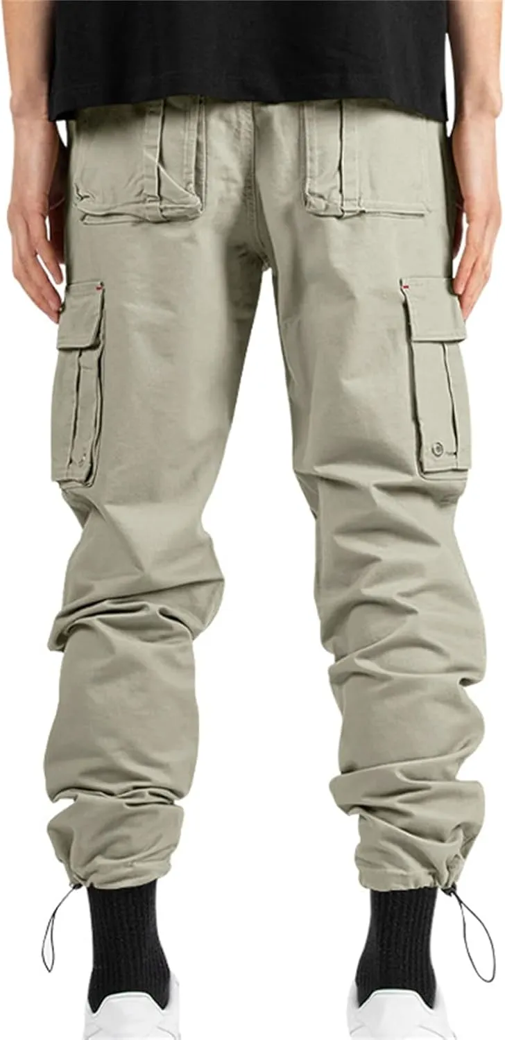Cargo Pants for Men Hiking Stretch Casual Trendy Pants Elastic Waist Drawstring Outdoor Workout Trousers with Pockets