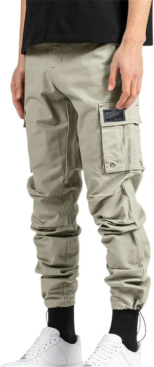 Cargo Pants for Men Hiking Stretch Casual Trendy Pants Elastic Waist Drawstring Outdoor Workout Trousers with Pockets