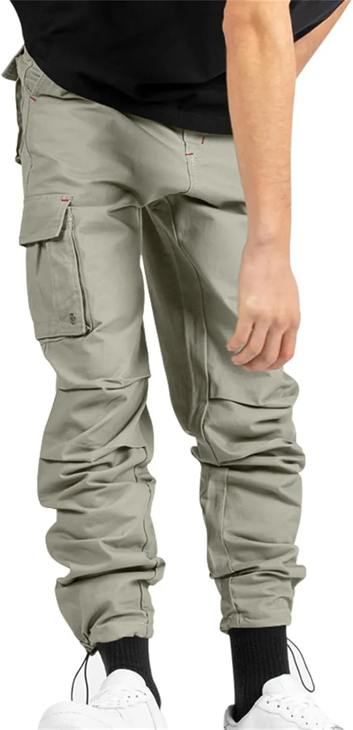 Cargo Pants for Men Hiking Stretch Casual Trendy Pants Elastic Waist Drawstring Outdoor Workout Trousers with Pockets