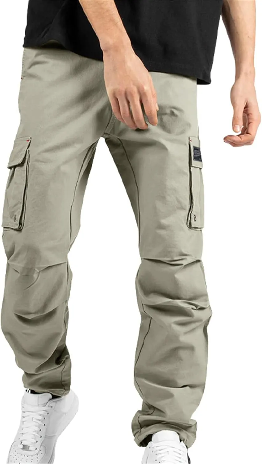 Cargo Pants for Men Hiking Stretch Casual Trendy Pants Elastic Waist Drawstring Outdoor Workout Trousers with Pockets