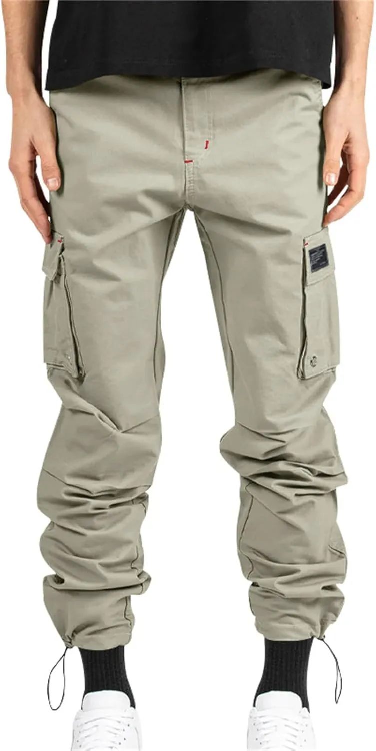 Cargo Pants for Men Hiking Stretch Casual Trendy Pants Elastic Waist Drawstring Outdoor Workout Trousers with Pockets