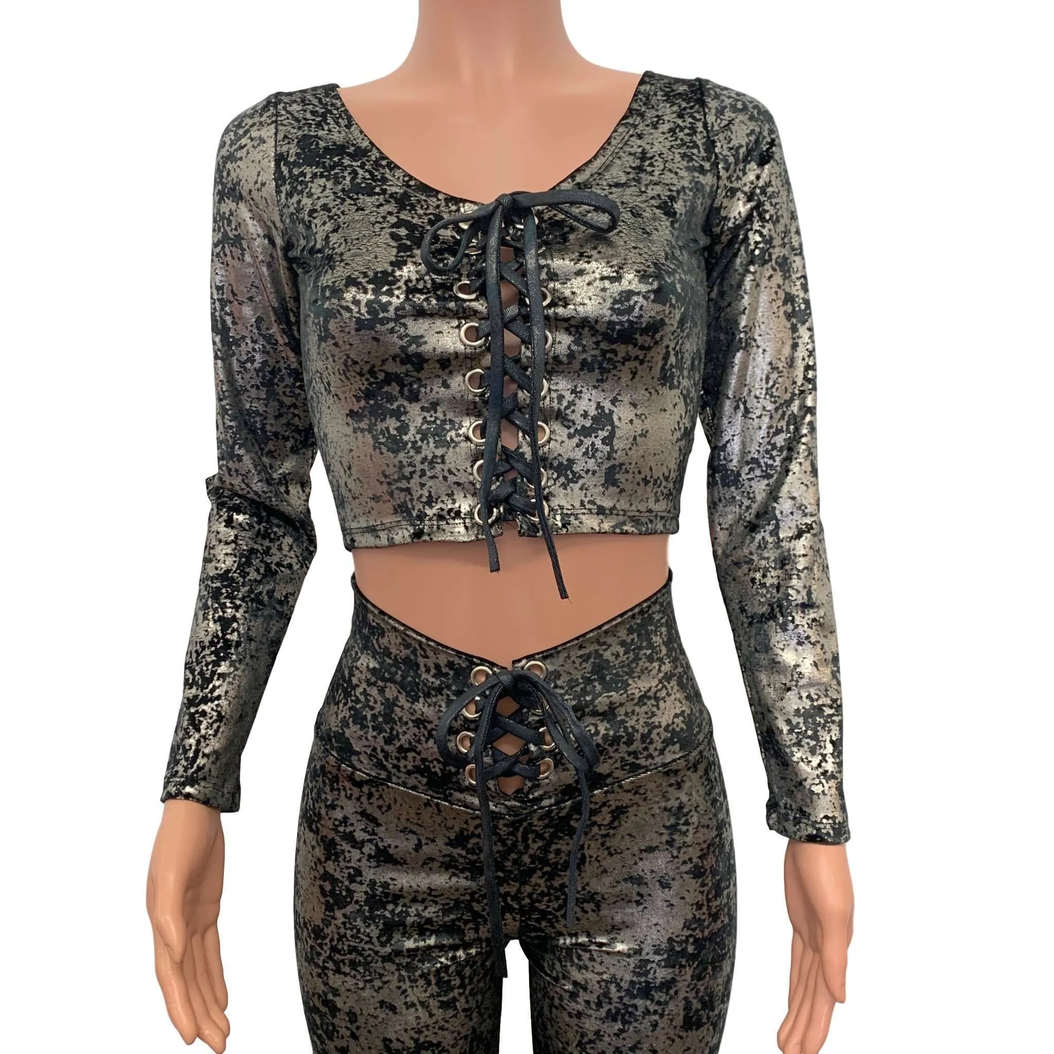 Lace-Up Gilded Velvet Outfit - Gunmetal on Black