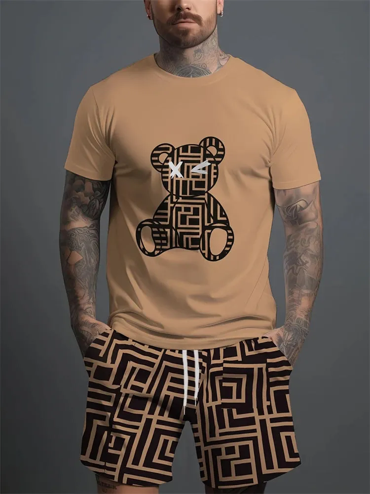 Men's Casual Bear Design Two Piece Short Set