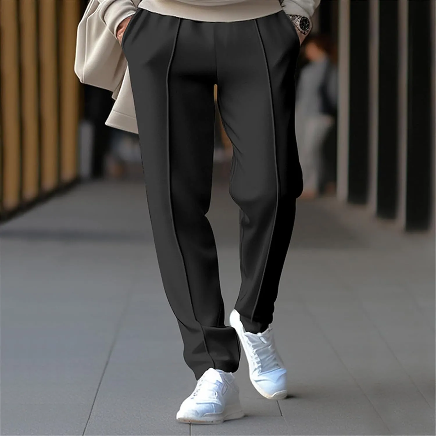 Mens Casual Straight Pants Elastic Waist Vintage Stylish Loose Slim Fit Hippie Solid Pants Outdoor Business Trousers