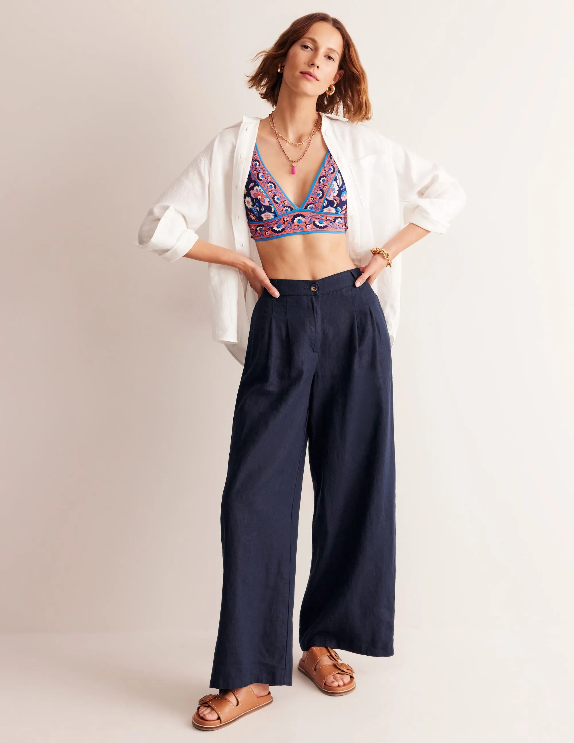 Regent Pleat Linen Trousers-Navy