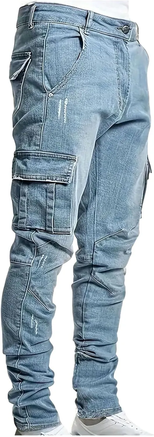 SUWBMHWE Mens Jeans Slim Fit,Mens Ripped Stretch Distressed Destroyed Jeans Skinny Jeans Side Striped Denim Pants