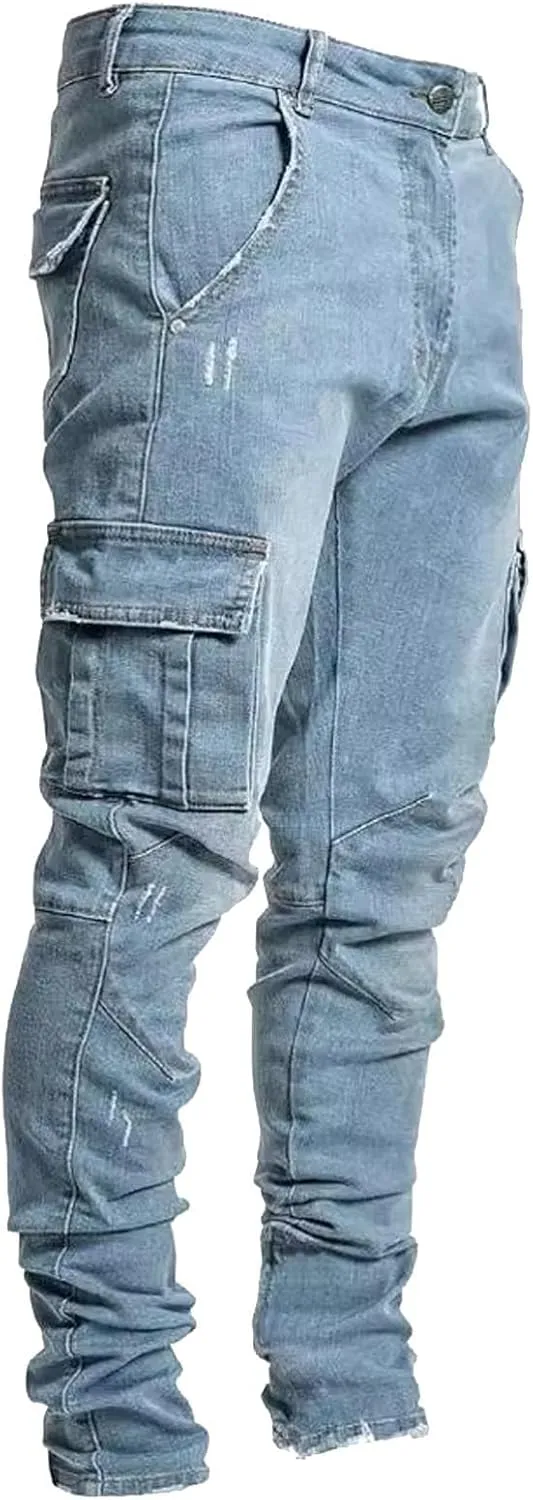SUWBMHWE Mens Jeans Slim Fit,Mens Ripped Stretch Distressed Destroyed Jeans Skinny Jeans Side Striped Denim Pants