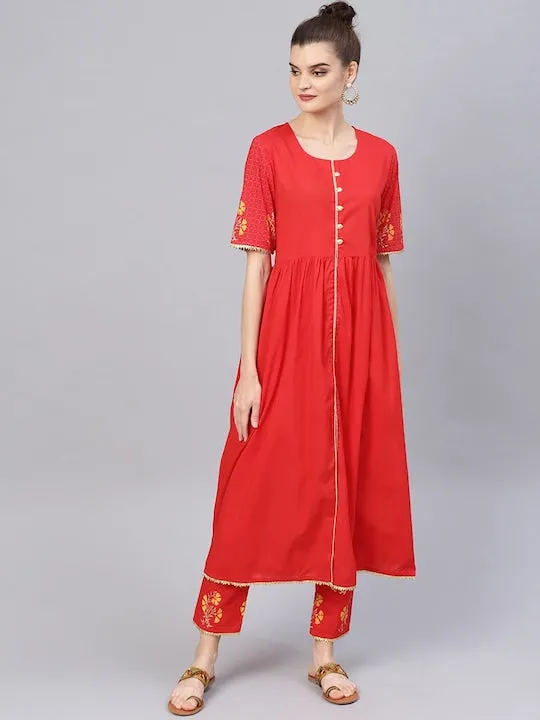 Women Red Pleated Pure Cotton Kurta With Trousers