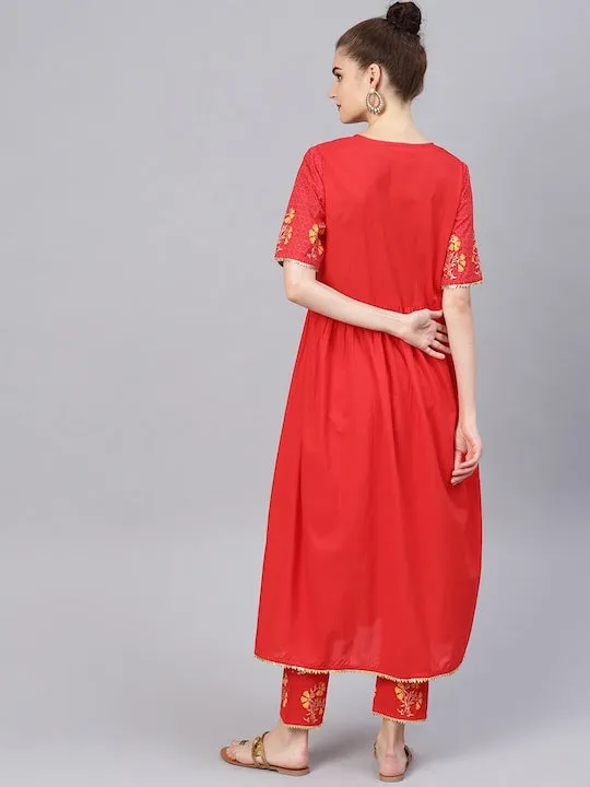 Women Red Pleated Pure Cotton Kurta With Trousers