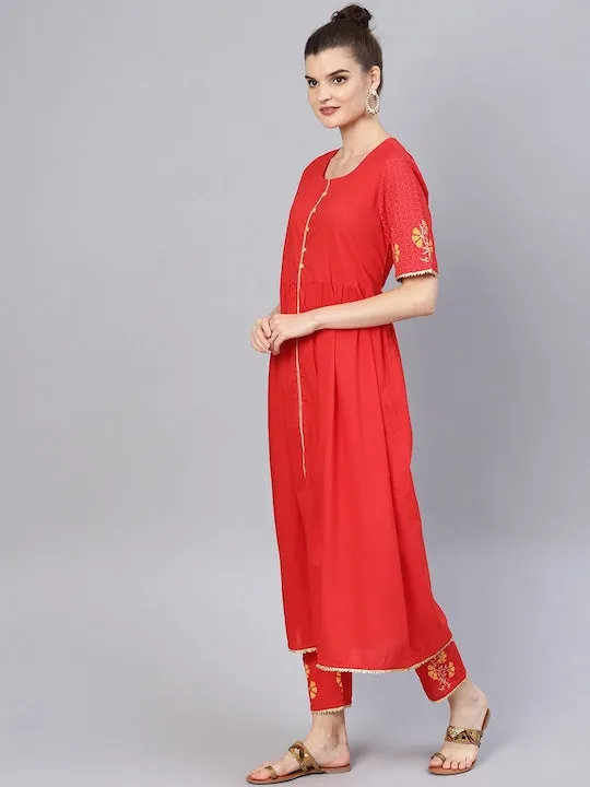 Women Red Pleated Pure Cotton Kurta With Trousers