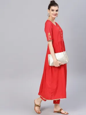 Women Red Pleated Pure Cotton Kurta With Trousers